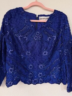 Vintage RICHILENE New York Beaded Lace Top Royal Blue Silk Embellished Blouse